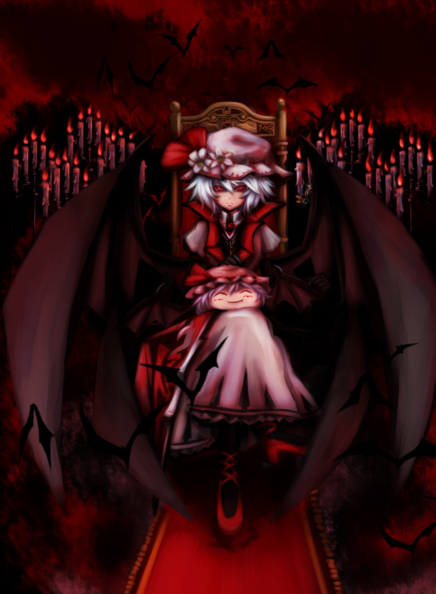 ^_^ absurdres bat bat_wings candle chair closed_eyes crossed_legs dress emerane fire flower hat highres koumajou_densetsu koumajou_densetsu_2 large_wings lavender_hair looking_at_viewer red_eyes remilia_scarlet sitting solo touhou wings yukkuri_shiteitte_ne