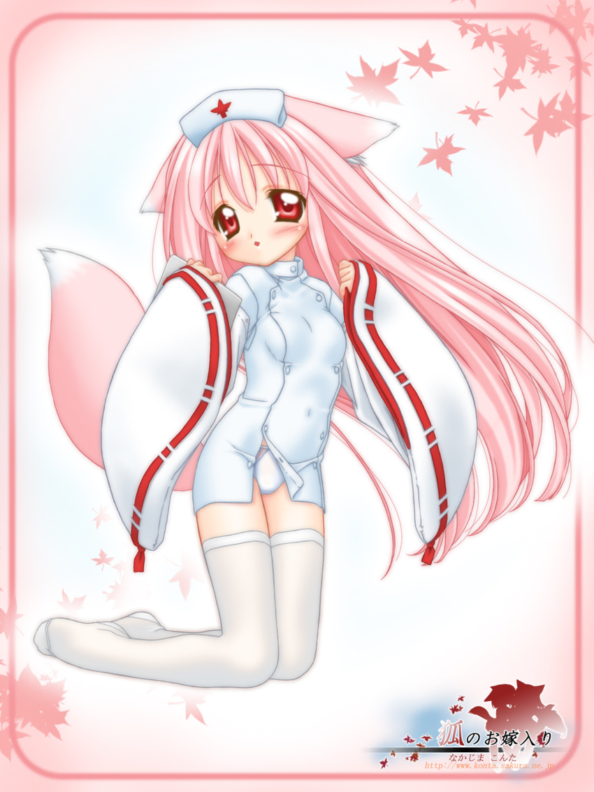 animal_ears fox_ears fox_tail hat highres japanese_clothes long_hair miko momoyuki_(snow_fox) nakajima_konta nurse panties pink_hair red_eyes snow_fox solo tail thighhighs underwear