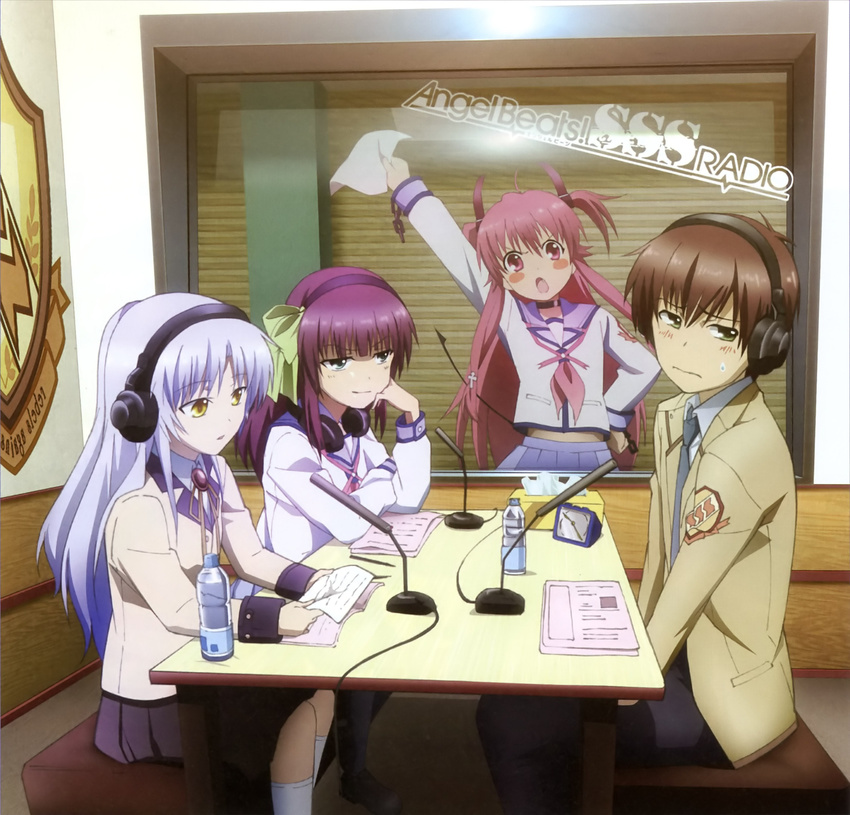 absurdres angel_beats! arm_up black_legwear blazer blush blush_stickers bow brown_hair choker cross demon_tail drink green_eyes hair_bow hairband hand_on_hip headphones highres jacket long_hair microphone multiple_girls necktie non-web_source ooyama_(angel_beats!) pink_eyes pink_hair purple_hair school_uniform serafuku shinda_sekai_sensen_uniform silver_hair socks tail tenshi_(angel_beats!) thighhighs tissue two_side_up very_long_hair yellow_eyes yui_(angel_beats!) yuri_(angel_beats!)