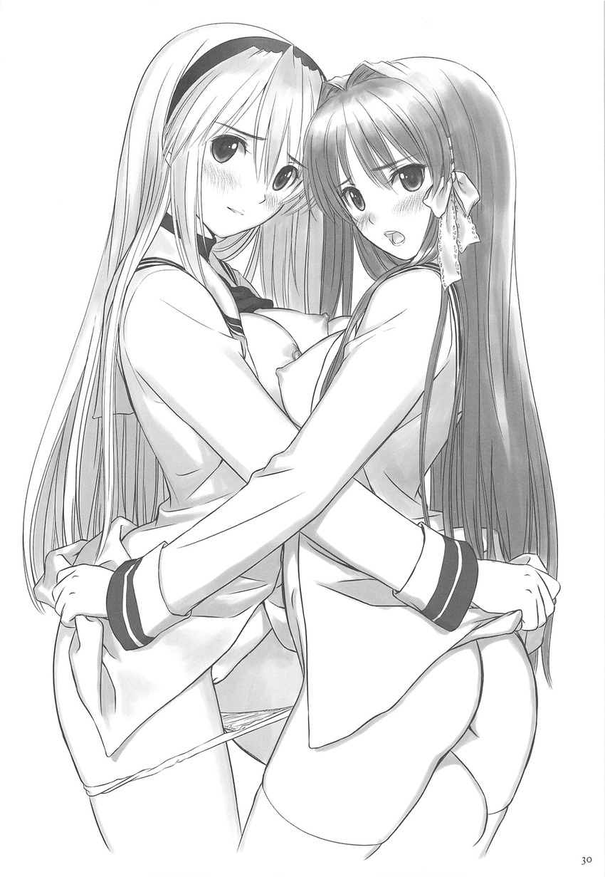 ass blush bottomless bow breast_press breasts clannad frottage fujibayashi_kyou greyscale hair_bow hairband highres hikarizaka_private_high_school_uniform large_breasts leg_between_thighs long_hair monochrome multiple_girls nipples open_mouth panties panty_pull pussy sakagami_tomoyo school_uniform symmetrical_docking tanaka_takayuki thighhighs underwear yuri