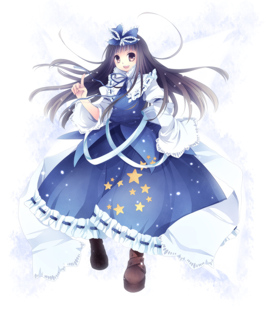 :d bad_id bad_pixiv_id black_hair bow brown_eyes embellished_costume frills hair_bow highres light_particles long_hair mikazuki_sara open_mouth pointing smile solo star star_sapphire touhou