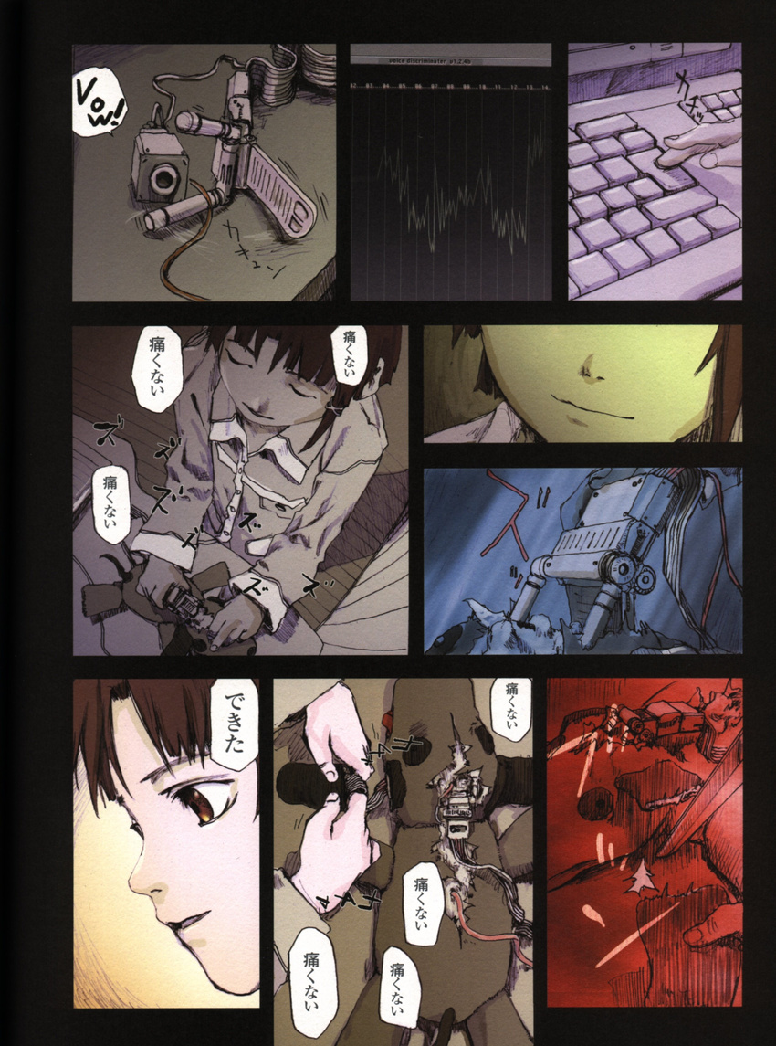 abe_yoshitoshi absurdres artbook bike-chan brown_eyes brown_hair building comic computer cutting dog highres iwakura_lain keyboard_(computer) official_art oscilloscope pajamas robot scan scissors serial_experiments_lain short_hair stuffed_animal stuffed_toy translated typing