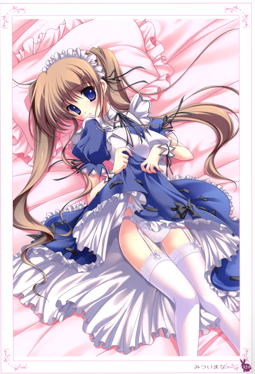 absurdres bed blue_eyes brown_hair copyright_request frilled_pillow frills garter_belt highres lace lace-trimmed_thighhighs lying maid maid_headdress mitsui_mana panties pillow skirt skirt_lift solo thighhighs twintails underwear white_legwear white_panties wrist_cuffs