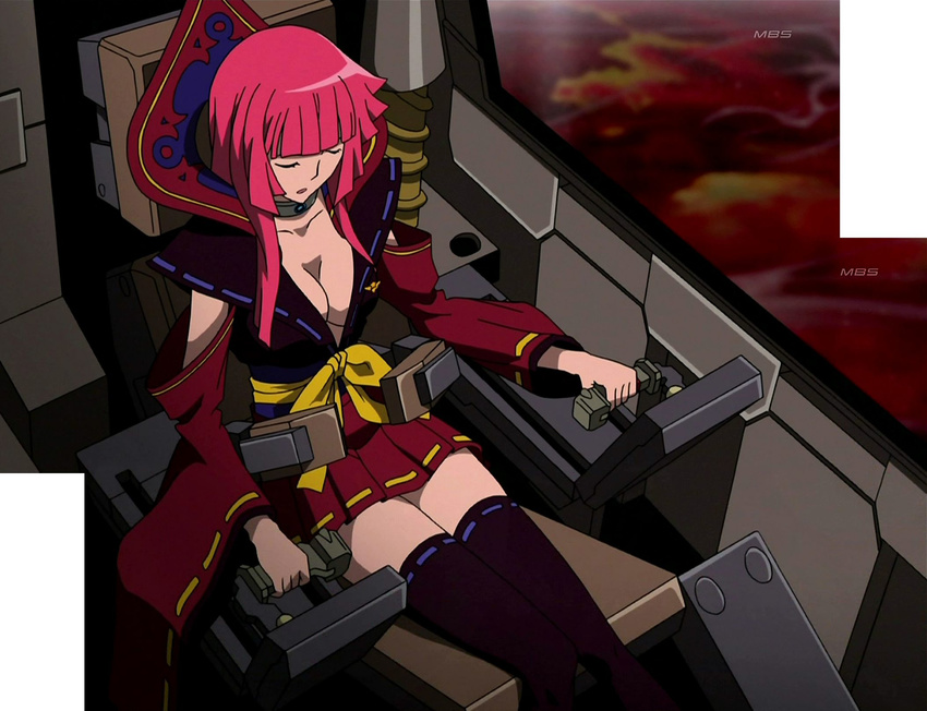 black_thighhighs breasts cleavage cockpit eyes_closed large_breasts oppai pink_hair screen_capture skirt star_driver thighhighs you_marino