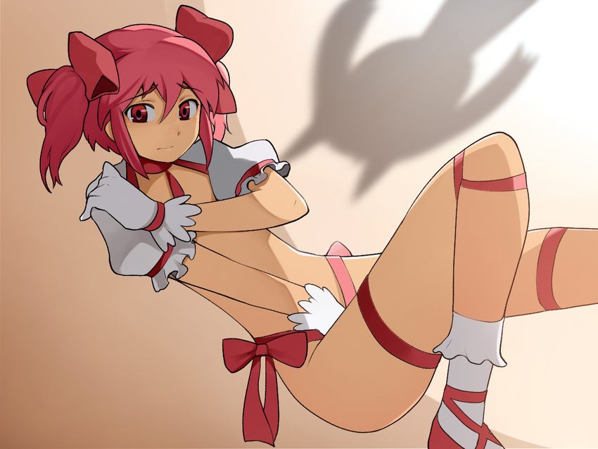 adapted_costume bow covering gloves hair_bow kaname_madoka kosame_daizu kyubey mahou_shoujo_madoka_magica nude pink_eyes pink_hair ribbon shadow short_twintails socks twintails