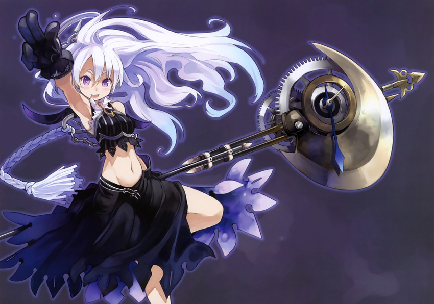 axe clock_eyes gears gloves halberd highres long_hair midriff original polearm shibano_kaito skirt solo symbol-shaped_pupils weapon white_hair