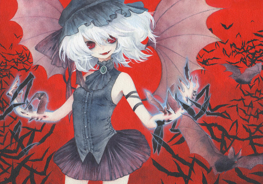 acrylic_paint_(medium) alternate_costume bad_id bad_pixiv_id bat bat_wings cinkai fangs graphite_(medium) hat red_eyes remilia_scarlet shirt short_hair skirt sleeveless sleeveless_shirt solo too_many too_many_bats touhou traditional_media watercolor_(medium) white_hair wings