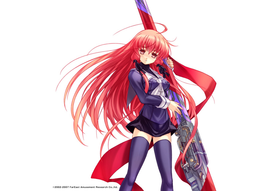 ahoge artist_request cross gunner's_broom himuro_akari huge_weapon latin_cross long_hair miniskirt night_wizard red_eyes red_hair ribbon skirt solo thighhighs wallpaper weapon zettai_ryouiki