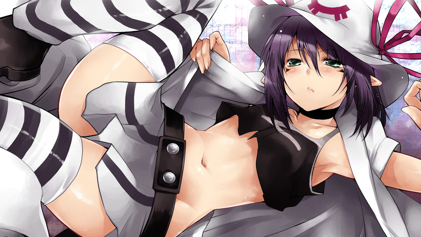 crop_top fang green_eyes hat highres lying merry_nightmare midriff navel nishiide_kengorou purple_hair solo striped striped_legwear thighhighs wallpaper yumekui_merry