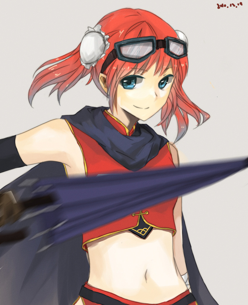 bad_id bad_pixiv_id blue_hair cloak gintama goggles goggles_on_head highres jl kagura_(gintama) midriff motion_blur navel orange_hair oriental_umbrella purple_umbrella short_hair simple_background smile solo umbrella