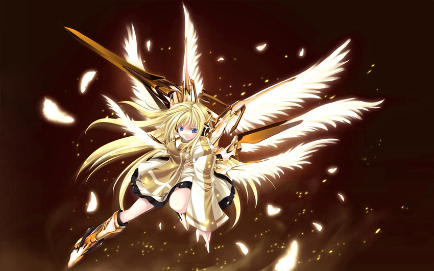 blonde_hair blue_eyes copyright_request exif_thumbnail_surprise gold highres mecha_musume multiple_wings seraph solo tateha_(marvelous_grace) weapon wings