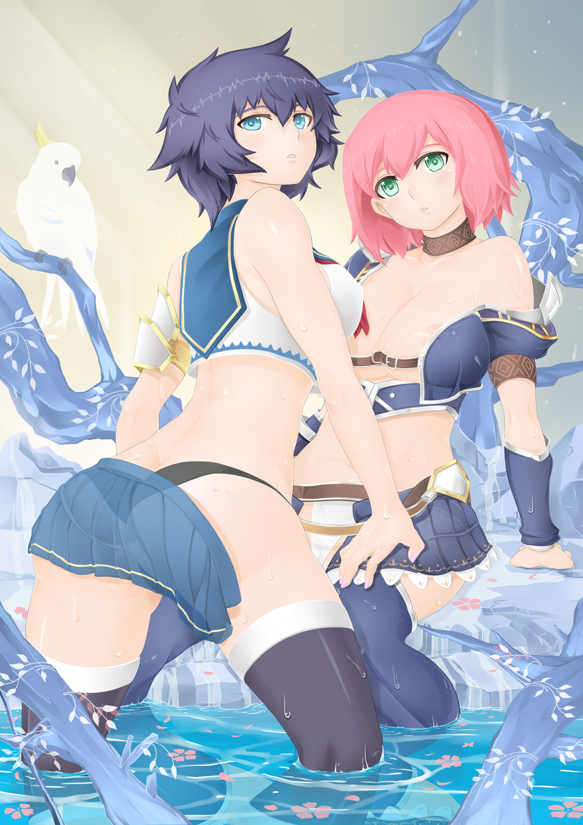 2girls armor bird black_legwear black_thighhighs blue_eyes blue_hair blush breasts cleavage flower green_eyes highres large_breasts looking_back multiple_girls nail_polish navel oni-noboru original pink_hair short_hair sitting skirt thighhighs water wet