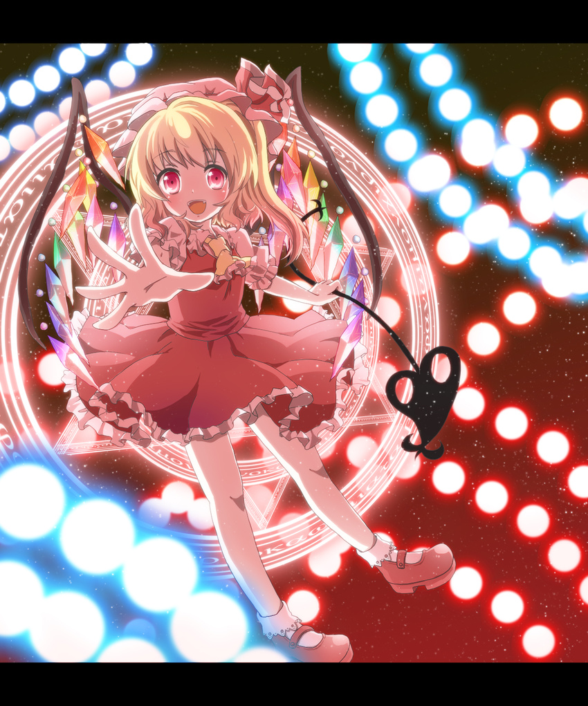 bad_id bad_pixiv_id blonde_hair blush bobby_socks danmaku fangs flandre_scarlet foreshortening hat highres kuromame_(8gou) letterboxed looking_at_viewer magic_circle mary_janes open_mouth outstretched_hand ponytail red_eyes shoes side_ponytail smile socks solo touhou white_legwear