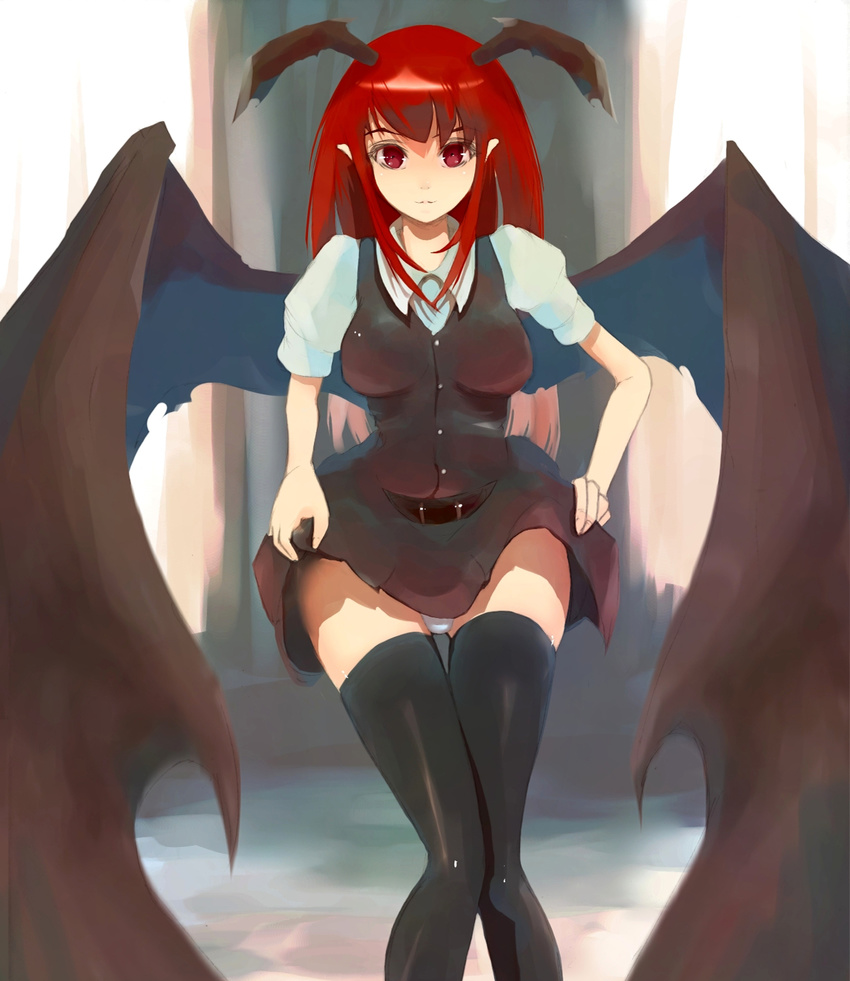 bat_wings belt black_legwear head_wings highres koakuma large_wings light_smile long_hair looking_at_viewer panties red_eyes red_hair skirt skirt_lift solo tatwuku thigh_gap thighhighs touhou underwear vest white_panties wings