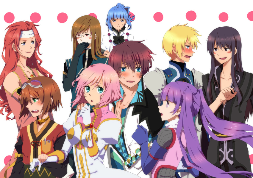 5boys ange_serena asbel_lhant ayatsuji_mia black_hair blonde_hair blue_eyes blue_hair blush bow bracelet brown_hair choker coat curly_hair estellise_sidos_heurassein flynn_scifo glasses gloves goggles goggles_on_head green_eyes headband jade_curtiss jewelry long_hair multiple_boys multiple_girls open_mouth pink_hair ponytail purple_eyes purple_hair red_eyes red_hair ribbon rita_mordio shawl short_hair sidelocks smile sophie_(tales) sweat tales_of_(series) tales_of_graces tales_of_innocence tales_of_symphonia tales_of_vesperia twintails white_gloves wrist_grab yuri_lowell zelos_wilder