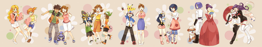 6+girls absurdres alternate_costume ayako_(pokemon) bandana beanie beautifly bike_shorts black_hair blonde_hair blue_hair brown_hair closed_eyes croagunk crown dress drill_hair earrings elbow_gloves fan fingerless_gloves folding_fan gen_1_pokemon gen_3_pokemon gen_4_pokemon glameow glasses gloves green_eyes growlithe hair_ornament hanako_(pokemon) haruka_(pokemon) hat highres hikari_(pokemon) holding holding_fan holding_pokemon hood hoodie jewelry kasumi_(pokemon) kojirou_(pokemon) legendary_pokemon long_image luvdisc masato_(pokemon) mew mitsuko_(pokemon) miyamoto_(pokemon) mizuho_(pokemon) mother's_day mother_and_daughter mother_and_son multiple_boys multiple_girls musashi_(pokemon) orange_hair pikachu piplup pokemon pokemon_(anime) pokemon_(classic_anime) pokemon_(creature) pokemon_ag pokemon_dp_(anime) purple_hair red_hair sakura_(pokemon) satoshi_(pokemon) siblings side_ponytail sisters skirt sleeveless sleeveless_hoodie takeshi_(pokemon) team_rocket tears thighhighs twintails usao_(313131) wavy_hair wide_image