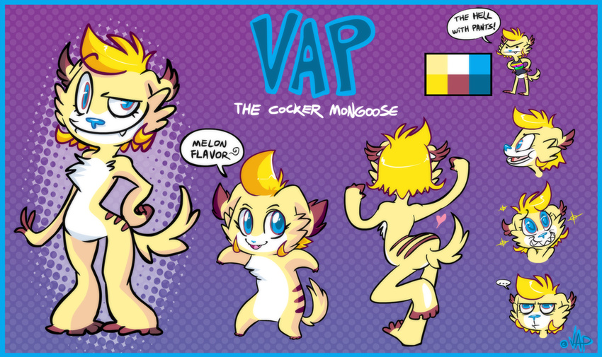 &hearts; &lt;3 blonde_hair blue_eyes butt canine cocker cocker_spaniel cute dog female fur hair hybrid mammal model_sheet mongoose solo vap vaporotem yellow yellow_fur