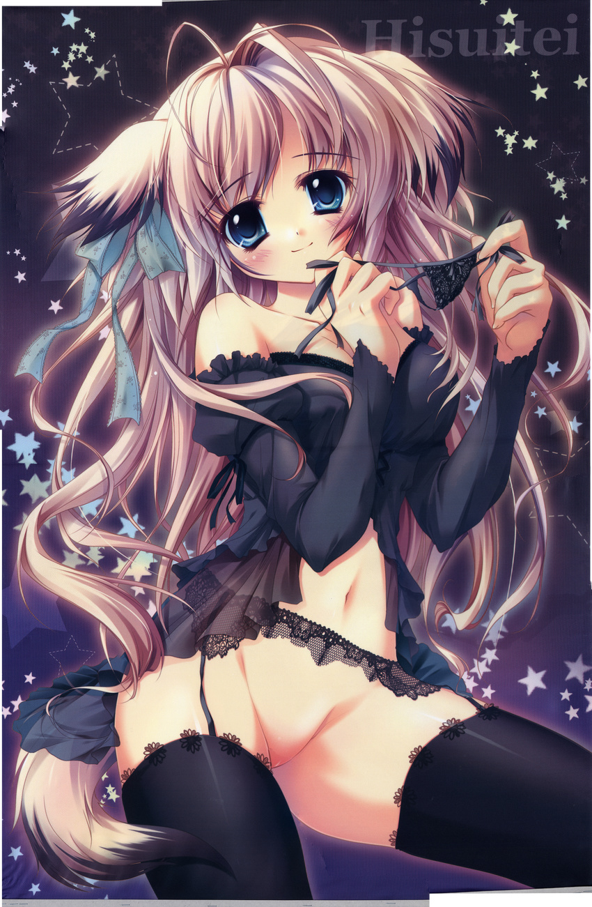 absurdres animal_ears antenna_hair blonde_hair blue_eyes blush bottomless copyright_request dog_ears garter_belt highres holding holding_panties huge_filesize izumi_tsubasu lace lace_panties long_hair navel no_panties no_pussy panties ribbon solo tail thighhighs underwear