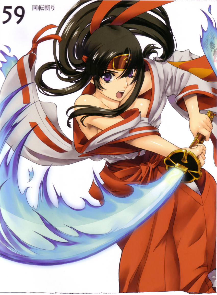 absurdres black_hair eiwa hakama headband highres japanese_clothes miko ofuda open_mouth purple_eyes queen's_blade red_hakama ribbon-trimmed_sleeves ribbon_trim solo sword tomoe weapon