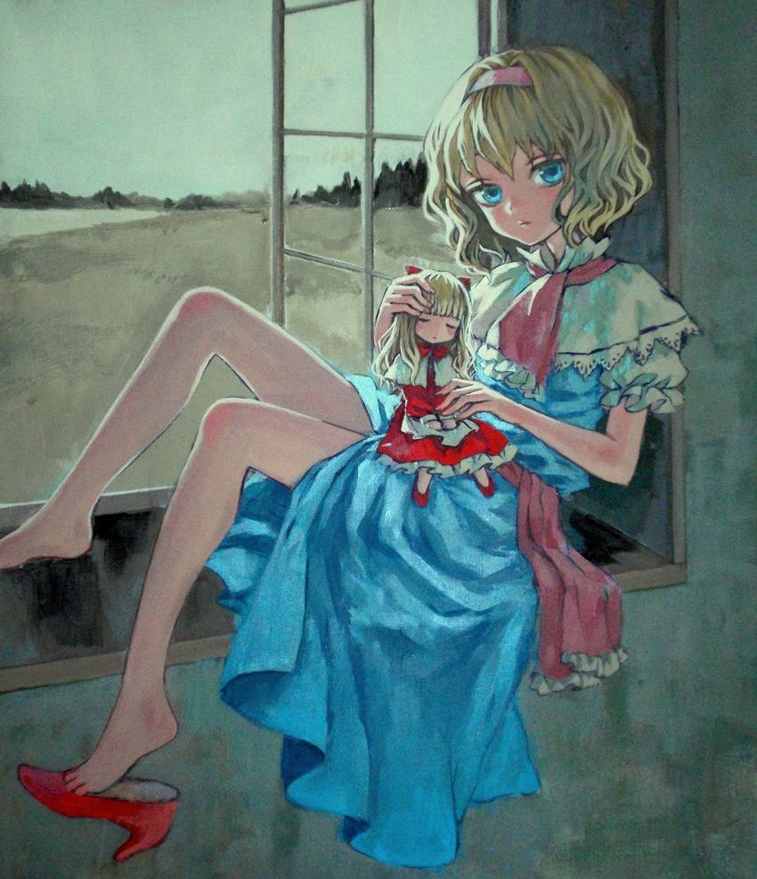 acrylic_paint_(medium) alice_margatroid ama-tou bare_legs barefoot blonde_hair blue_eyes bow capelet doll dress feet hair_bow hairband high_heels highres indoors legs no_socks red_dress red_footwear shanghai_doll shoe_dangle shoes single_shoe sitting solo toe_cleavage touhou traditional_media window