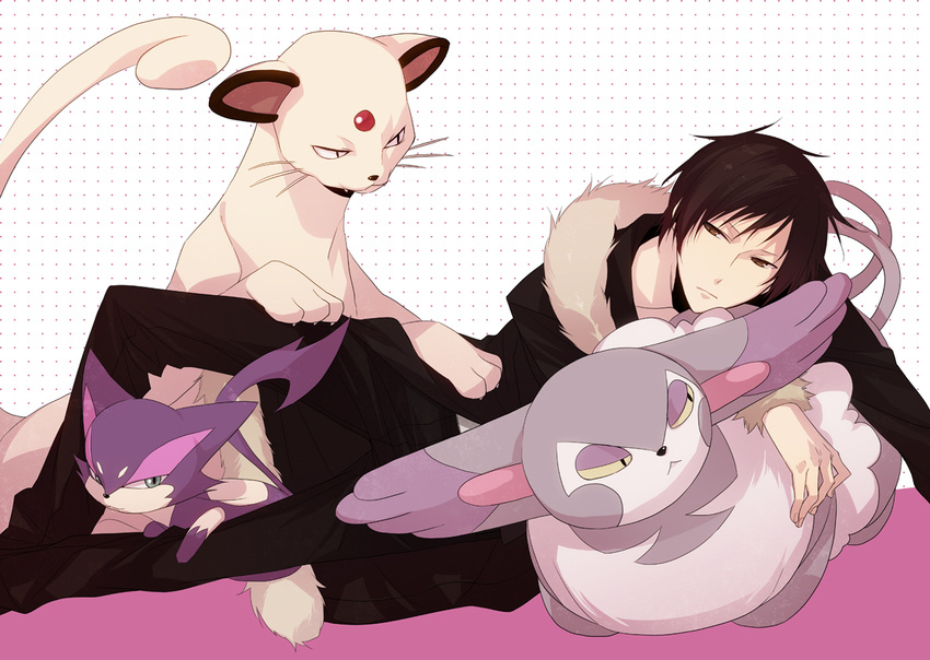 bad_id bad_pixiv_id brown_eyes cat crossover durarara!! gen_1_pokemon gen_4_pokemon gen_5_pokemon orihara_izaya persian pokemon pokemon_(creature) purrloin purugly resting simple_background xia_(ryugo)