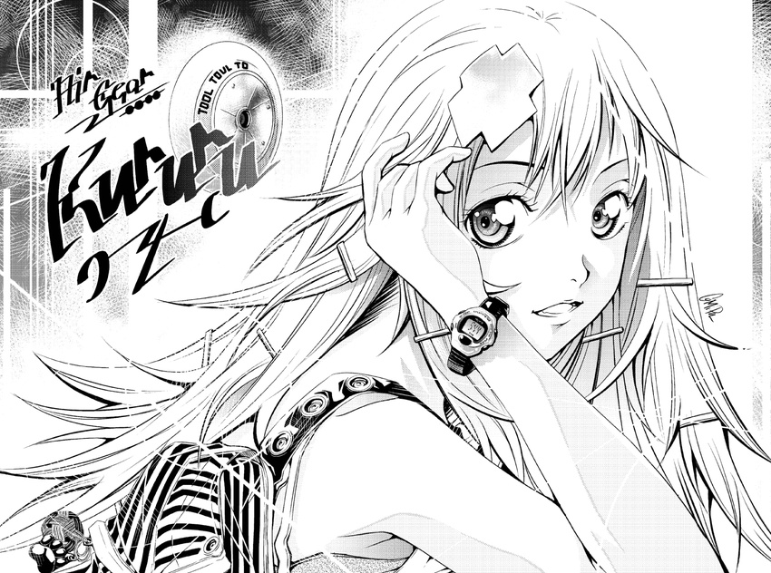 air_gear artist_request cross_hair_ornament greyscale hair_ornament hairclip long_hair monochrome solo sumeragi_kururu watch wristwatch