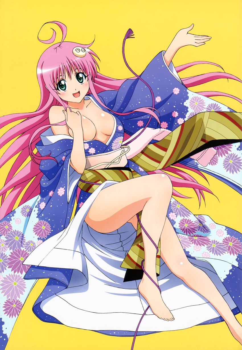 absurdres ahoge bad_feet breasts cleavage feet floral_print green_eyes highres japanese_clothes kimono lala_satalin_deviluke legs long_hair medium_breasts no_bra non-web_source off_shoulder open_mouth peke pink_hair smile solo to_love-ru very_long_hair yukata