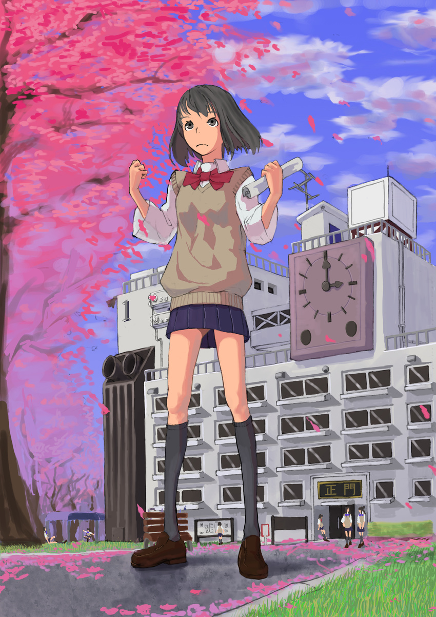 black_hair bow brown_eyes building clock cloud graduation hair_bow knee_socks kneehighs leaves ribbon school shirt skirt sky socks sweater sweater_vest tree