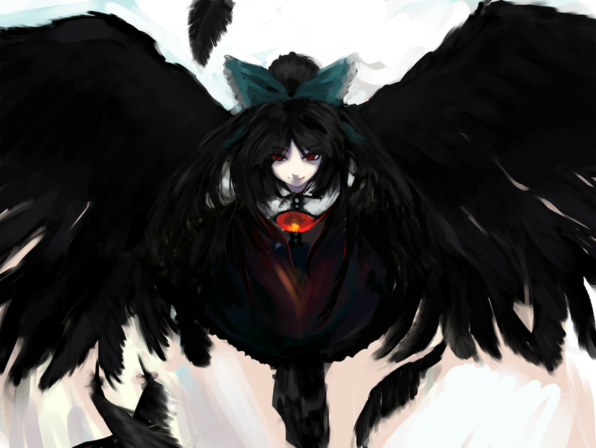 black_hair black_wings bow feathers hair_bow highres large_wings leaning_forward licking_lips long_hair md5_mismatch pale_skin ponytail red_eyes reiuji_utsuho sinzan smile solo third_eye tongue tongue_out touhou wings