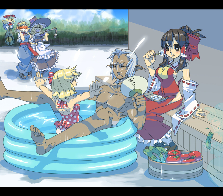 4girls alice_margatroid ascot barefoot blonde_hair bow brown_eyes brown_hair buront cucumber detached_sleeves eating elf elvaan feet final_fantasy final_fantasy_xi food fruit hair_bow hair_tubes hakurei_reimu kawashiro_nitori kirisame_marisa letterboxed long_hair moyo_(moyori) multiple_girls outstretched_arms pointy_ears polka_dot pool rumia shanghai_doll short_hair silver_hair spread_arms swimsuit the_iron_of_yin_and_yang tomato touhou water watermelon when_you_see_it