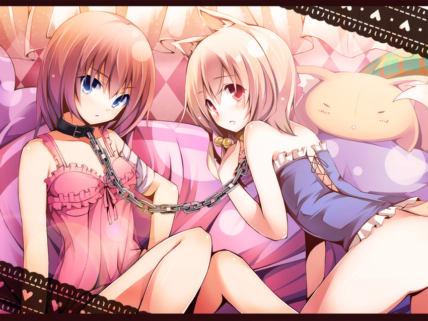 animal_ears bangs bare_arms bed bell blonde_hair blue_eyes blush bottomless bound_together brown_hair camisole chain chained chiri_(atlanta) chiriko_(atlanta) collar collarbone colorized curtains eyebrows_visible_through_hair hair_bell hair_ornament heart_pattern highres jingle_bell leash lingerie linked_collar looking_at_viewer looking_back medium_hair multiple_girls nekojirou open_mouth original red_eyes stuffed_animal stuffed_toy tail ten'inkou_korin underwear underwear_only