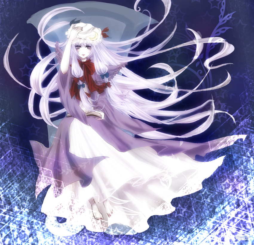 bad_id bad_pixiv_id barefoot book hand_on_headwear highres long_hair pale_skin patchouli_knowledge rokuri-eva solo touhou