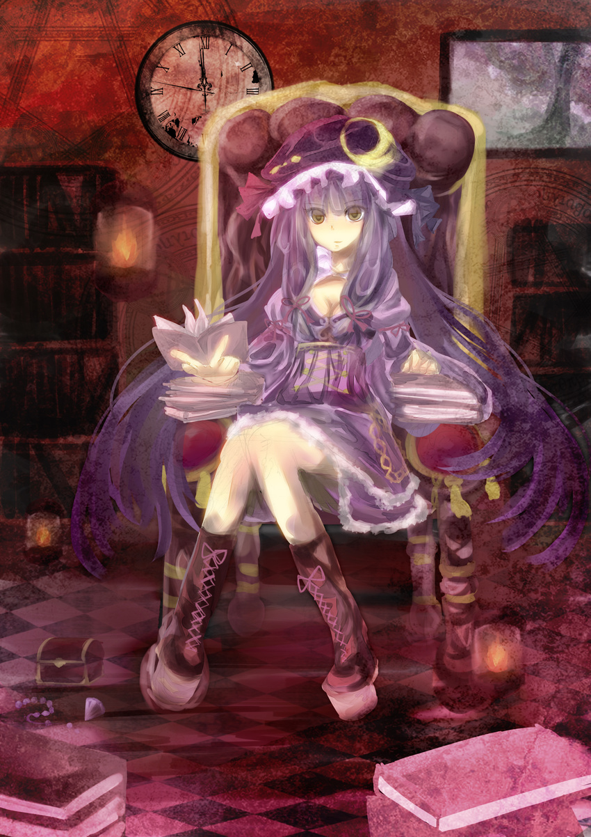 absurdres adapted_costume blush book boots breasts checkered checkered_floor cleavage clock crescent cross-laced_footwear e-co hat highres lace-up_boots long_hair magic_circle medium_breasts patchouli_knowledge pentagram purple_hair sitting solo touhou yellow_eyes