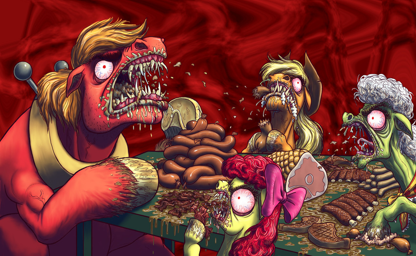 applebloom_(mlp) applejack_(mlp) bacon big_macintosh_(mlp) blonde_hair blood cowboy_hat creepy cub dalapony draft_horse eating equine fangs female feral foam food friendship_is_magic granny_smith_(mlp) grease green_body grey_hair group hair ham hat horse male mammal meat muscles my_little_pony nightmare_fuel orange_body orange_hair pink_hair pony pork_chops red_body red_eyes ribs roast saliva sausage sharp_teeth steak teeth where_is_your_god_now yellow_body young