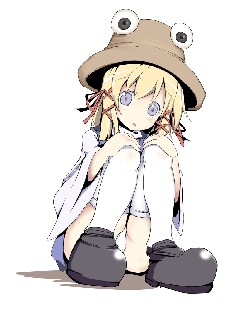 blonde_hair blue_eyes hat highres moriya_suwako mukuroi panties pantyshot pantyshot_(sitting) sitting solo thighhighs touhou underwear white_legwear white_panties