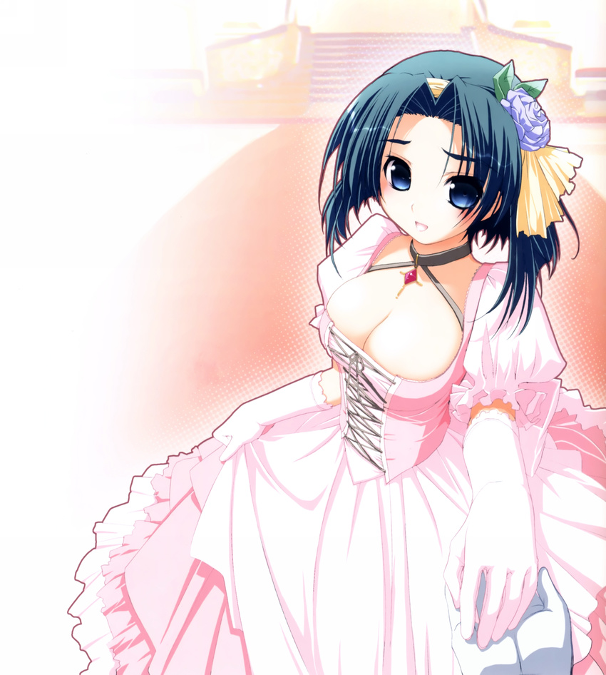:d absurdres akata_itsuki aqua_hair blue_eyes breasts cleavage dress flower foreshortening gloves hair_flower hair_ornament highres hime-sama_ririshiku! jewelry large_breasts necklace open_mouth short_hair smile solo wedding_dress