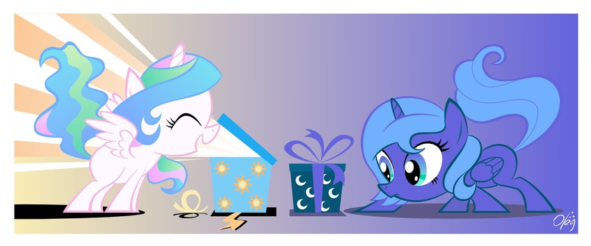 alicorn blue_hair box cub cute equine female feral friendship_is_magic gift hair horn horse light mammal multi-colored_hair my_little_pony olegsavoskin pony princess princess_celestia_(mlp) princess_luna_(mlp) rainbow_hair royalty sibling sisters unknown_artist winged_unicorn wings young younger