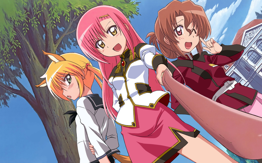 3girls blonde blush bokken brown_eyes brown_hair galaxy_angel green_eyes gundam gundam_seed hayate_no_gotoku! katsura_hinagiku long_hair lunamaria_hawke_(cosplay) maria milfeulle_sakuraba_(cosplay) miyafuji_yoshika_(cosplay) open_mouth pink_hair red_eyes sanzenin_nagi school_uniform short_hair sky strike_witches sword twin_tails weapon yellow_eyes