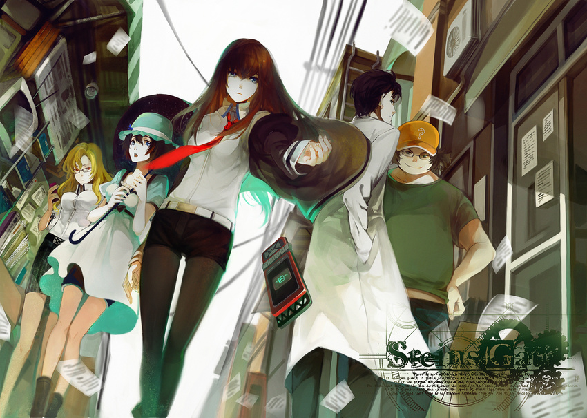 3girls black_hair blonde_hair blue_eyes brown_hair bug butterfly cellphone dress everyone glasses green_eyes hashida_itaru hat insect jacket kiryuu_moeka labcoat legs long_hair makise_kurisu multiple_boys multiple_girls necktie nineo okabe_rintarou open_mouth pantyhose pencil_skirt phone red_eyes red_neckwear shiina_mayuri short_hair shorts skirt smile steins;gate umbrella