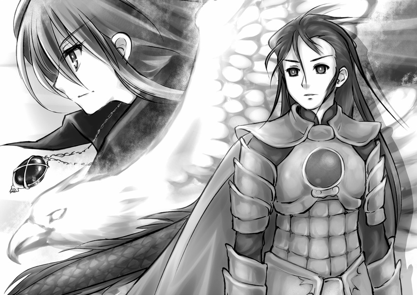 1girl alastor_(shakugan_no_shana) armor bird greyscale jewelry long_hair monochrome pendant piku sairei_no_hebi sakai_yuuji shakugan_no_shana shana spoilers