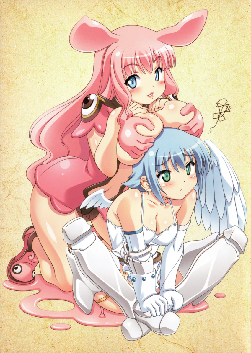 absurdres angel angel_wings animal_ears asymmetrical_wings bare_shoulders blue_hair blush boots breast_envy breast_grab breast_rest breast_squeeze breasts breasts_on_head bunny_ears cleavage elbow_gloves gloves grabbing green_eyes highres indian_style kuuchuu_yousai large_breasts long_hair melona multiple_girls nanael pink_hair prehensile_hair queen's_blade revealing_clothes short_hair sitting skirt slime thighhighs wings