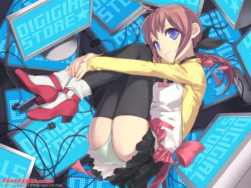 blue_eyes brown_hair galge.com pantsu ponytail tagme thighhighs