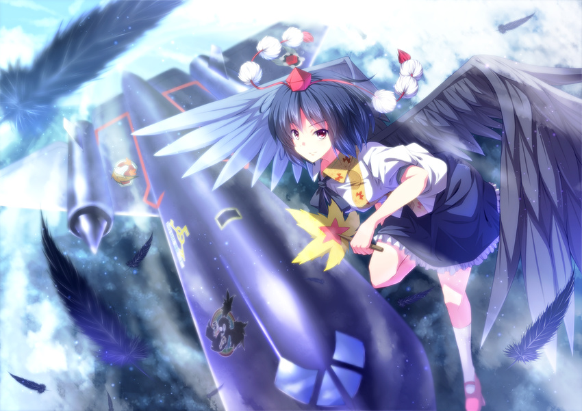 aircraft airplane black_wings fan feathers geta hat highres jet looking_at_viewer red_eyes ryosios shameimaru_aya solo sr-71_blackbird tokin_hat touhou wings