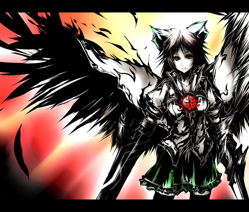 acryl alternate_weapon arm_cannon bad_id bad_pixiv_id black_hair bow brown_hair cape dress dual_wielding hair_bow highres holding letterboxed long_hair red_eyes reiuji_utsuho solo thighhighs touhou very_long_hair weapon wings