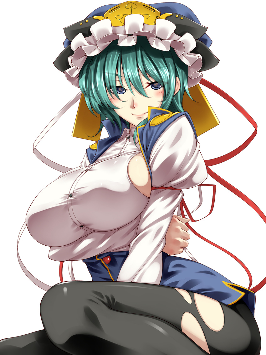 black_legwear blue_eyes breast_hold breasts crossed_arms dress dress_shirt eyebrows green_hair hat highres large_breasts legs older pantyhose ribbon shiki_eiki shirt sideboob solo text_in_eyes thick_eyebrows thighs torn_clothes torn_legwear touhou translated tro