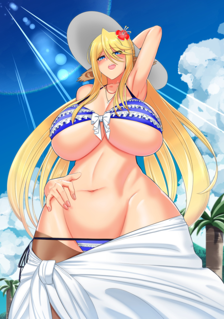 big_breasts bikini blonde_hair blue_eyes blush breasts centaur centorea_shianus_(monster_musume) cleavage clothed clothing equine equine_taur female hair huge_breasts imaani long_hair mammal monster_musume open_mouth swimsuit taur