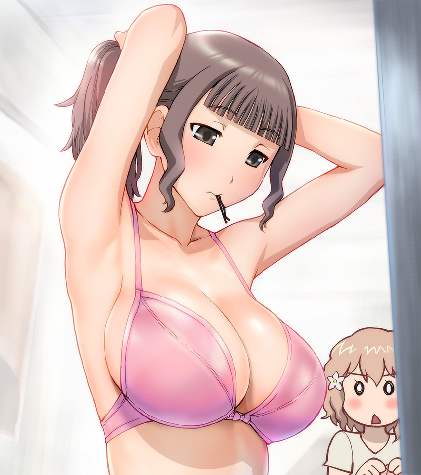 2girls :&lt; adjusting_hair armpits arms_up bangs blunt_bangs blush bra breast_awe breast_envy breasts brown_eyes brown_hair cleavage flower hair_flower hair_ornament hairclip hairdressing hanasaku_iroha highres large_breasts lingerie looking_at_breasts matsumae_ohana mouth_hold multiple_girls oshimizu_nako ponytail short_hair ueyama_michirou underwear upper_body