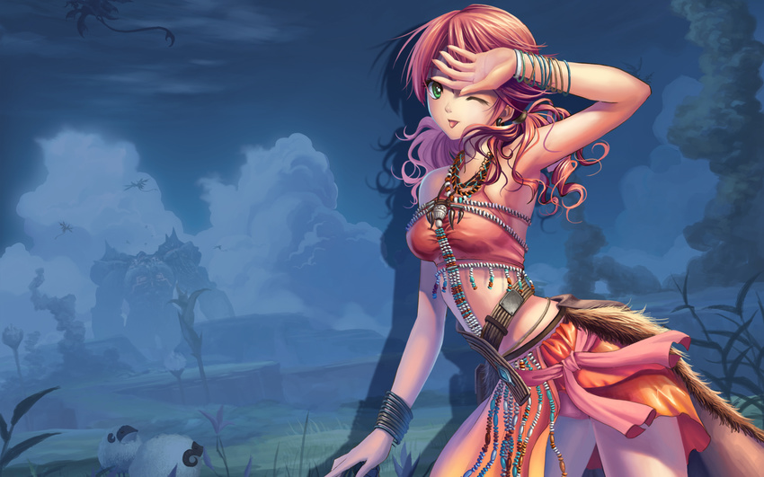 ;p armpits bare_legs bracelet cloud crop_top day diamond_dust dragon final_fantasy final_fantasy_xiii grass green_eyes highres jewelry long_hair midriff oerba_dia_vanille one_eye_closed red_hair sheep shirt skirt sky solo staff taut_clothes taut_shirt tongue tongue_out