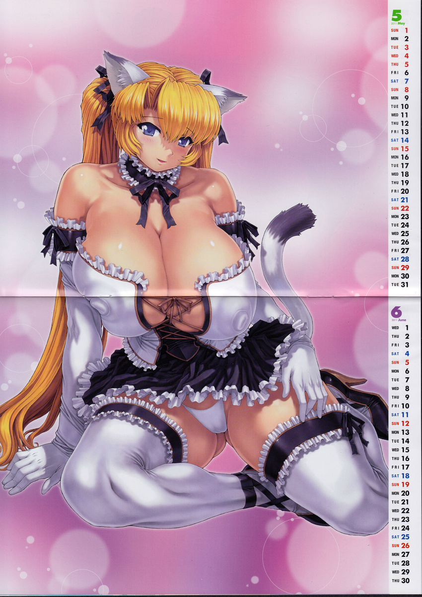 absurdres blonde blue_eyes bow breasts bustier calendar cat_tail choker cleavage comic_unreal crease elbow_gloves erect_nipples gloves hair_ribbon high_heels high_res huge_breasts kemonomimi long_hair mogudan nekomimi nipples oppai panchira pantsu ribbon shoes sitting skin_tight skirt smile tail thighhighs twin_tails white_thighhighs