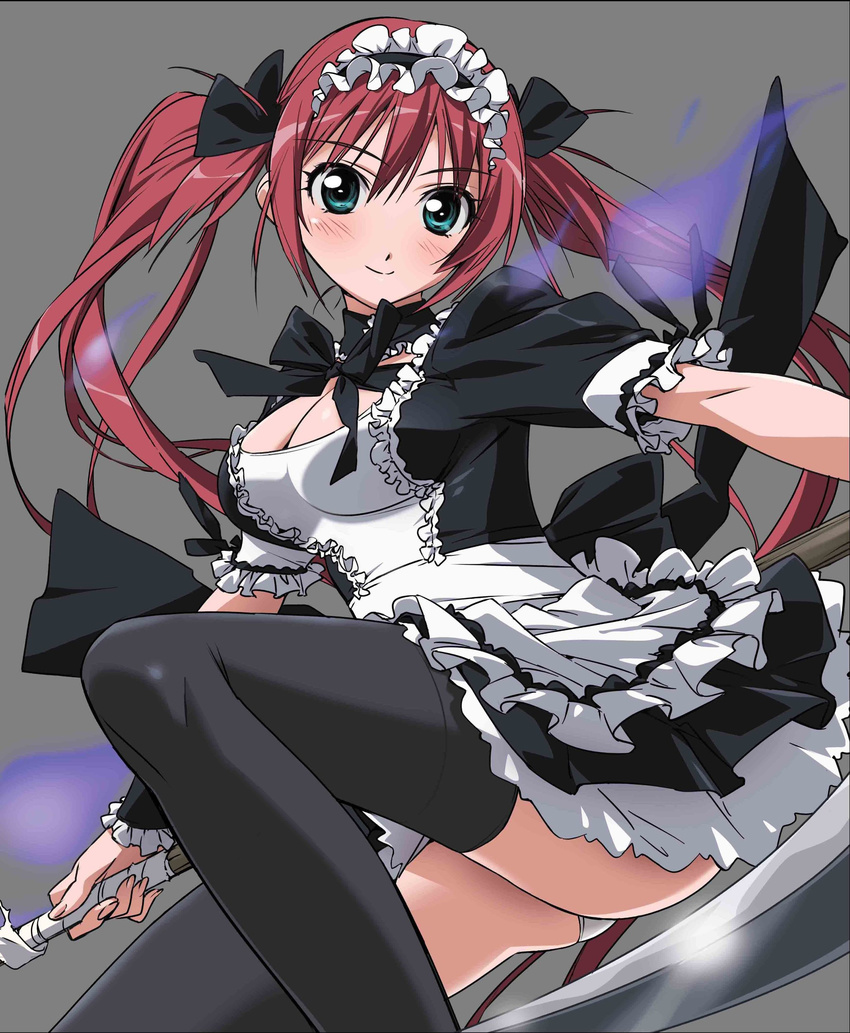 airi blush breasts cleavage green_eyes high_res large_breasts long_hair maid oppai panchira pantsu queen's_blade red_hair ribbon scythe solo thighhighs twin_tails upskirt weapon white_panties zettai_ryouiki